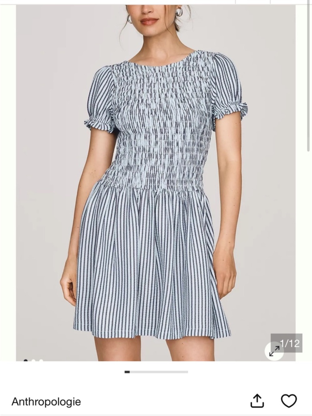 Maeve Anthropologie Margie Smocked Striped Mini Dress Blue White Size Small - Picture 2 of 12